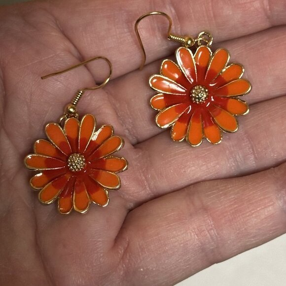 Orange Enamel Daisy Earrings Gold Plated Fish Hook Ear Wires - Picture 2 of 10